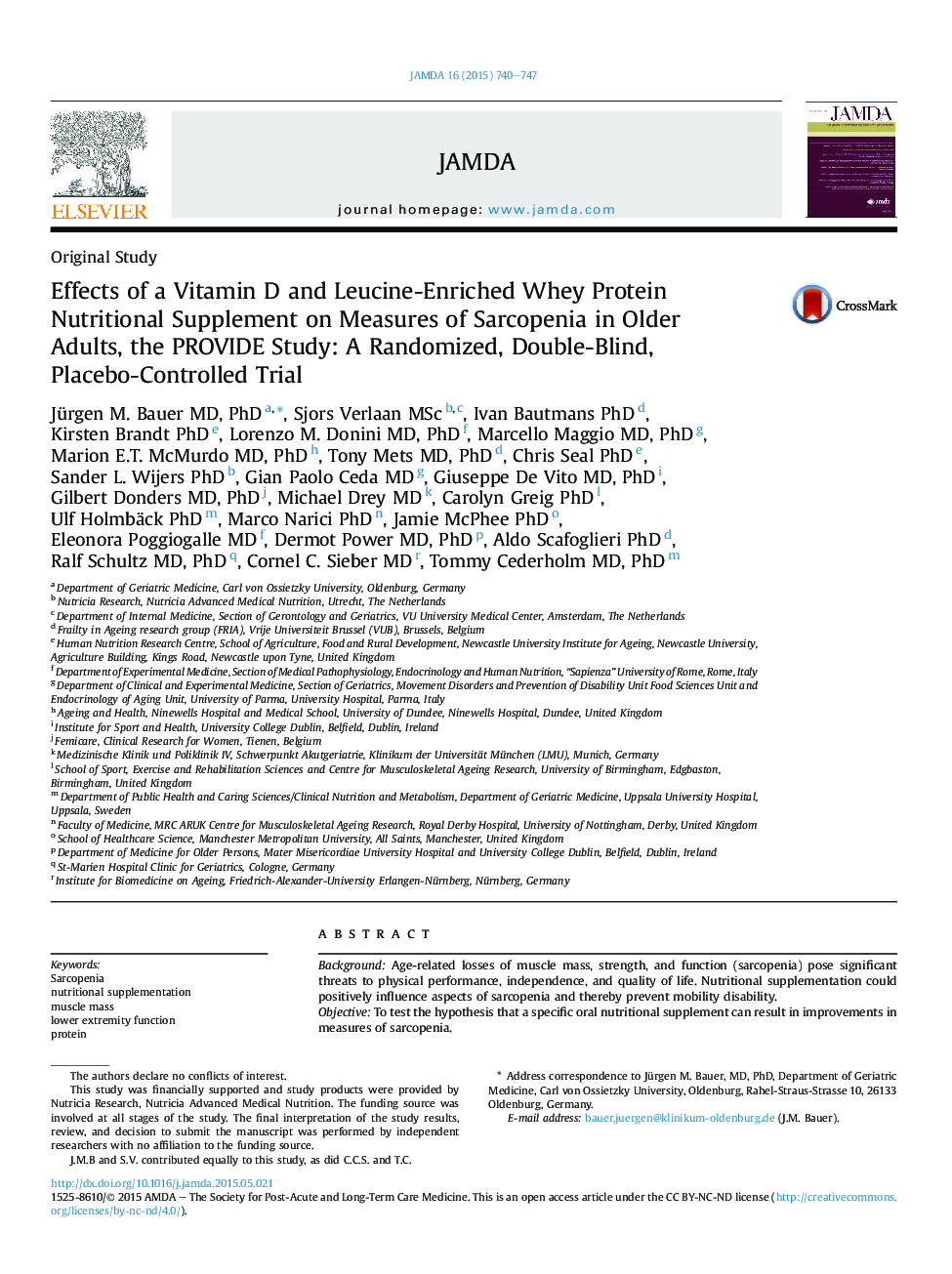 Original StudyEffects of a Vitamin D and Leucine-Enriched Whey Protein Nutritional Supplement on Measures of Sarcopenia in Older Adults, the PROVIDE Study: A Randomized, Double-Blind, Placebo-Controlled Trial