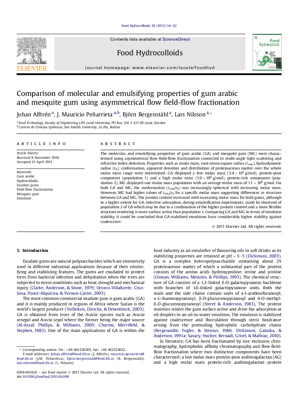 Comparison of molecular and emulsifying properties of gum arabic and mesquite gum using asymmetrical flow field-flow fractionation