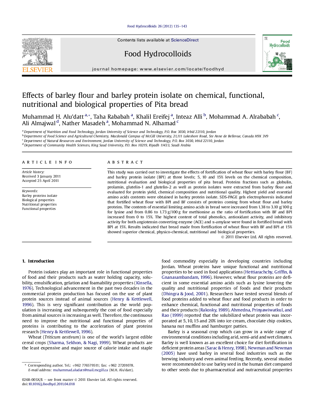 Effects of barley flour and barley protein isolate on chemical, functional, nutritional and biological properties of Pita bread