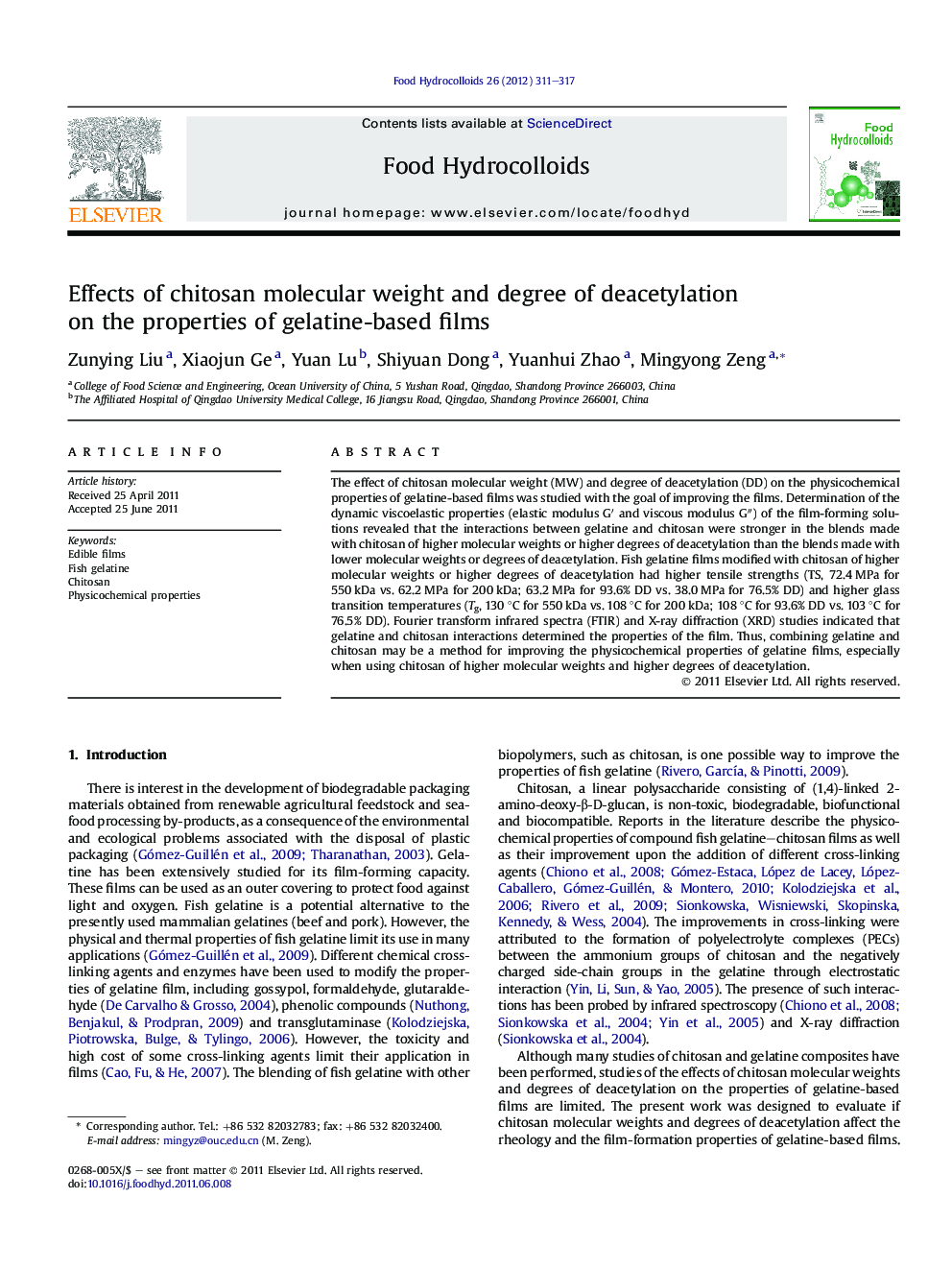 Effects of chitosan molecular weight and degree of deacetylation on the properties of gelatine-based films
