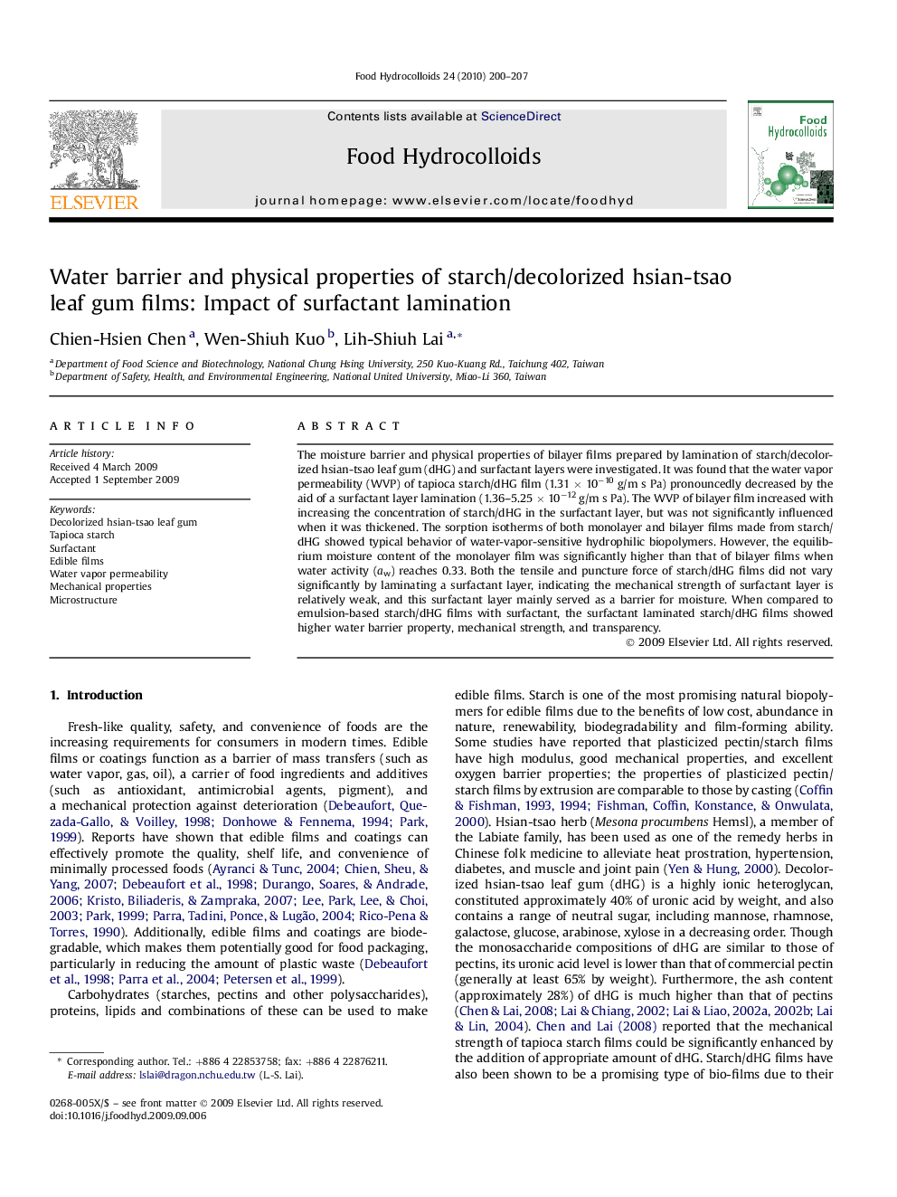 Water barrier and physical properties of starch/decolorized hsian-tsao leaf gum films: Impact of surfactant lamination