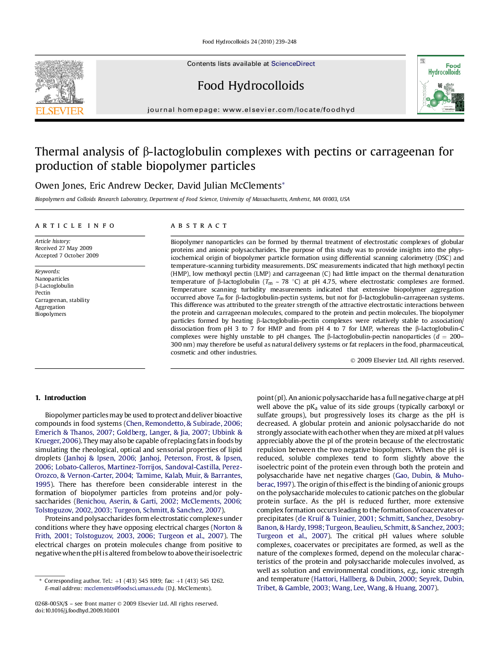 Thermal analysis of β-lactoglobulin complexes with pectins or carrageenan for production of stable biopolymer particles