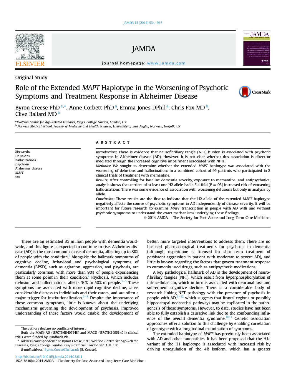 Role of the Extended MAPT Haplotype in the Worsening of Psychotic Symptoms and Treatment Response in Alzheimer Disease