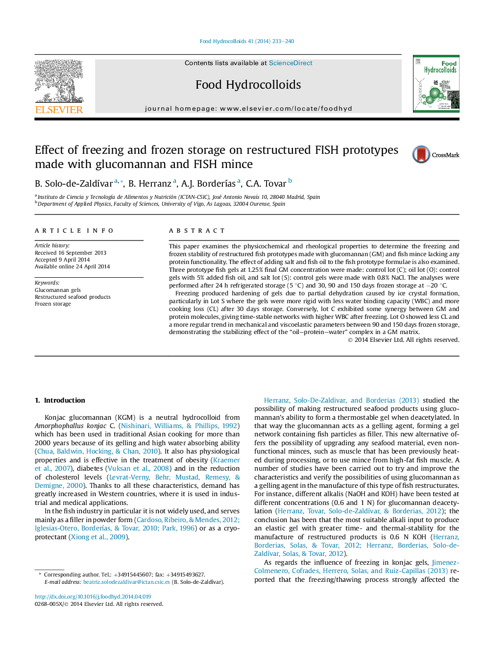 Effect of freezing and frozen storage on restructured FISH prototypes made with glucomannan and FISH mince