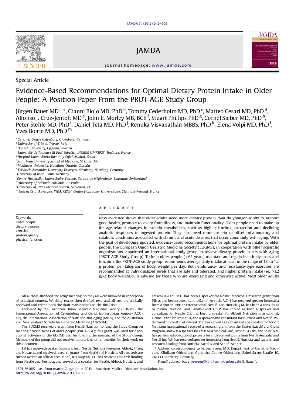 Evidence-Based Recommendations for Optimal Dietary Protein Intake in Older People: A Position Paper From the PROT-AGE Study Group