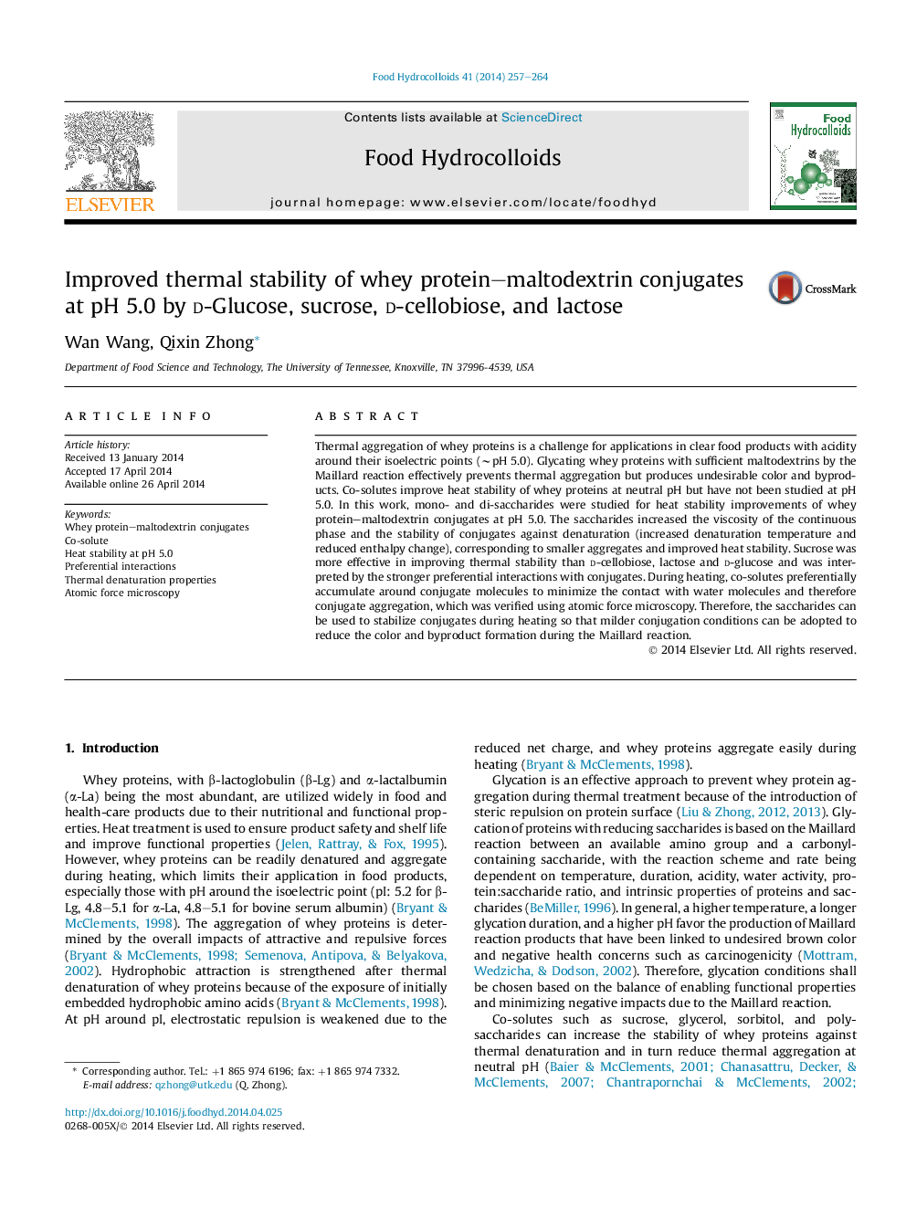 Improved thermal stability of whey protein–maltodextrin conjugates at pH 5.0 by d-Glucose, sucrose, d-cellobiose, and lactose