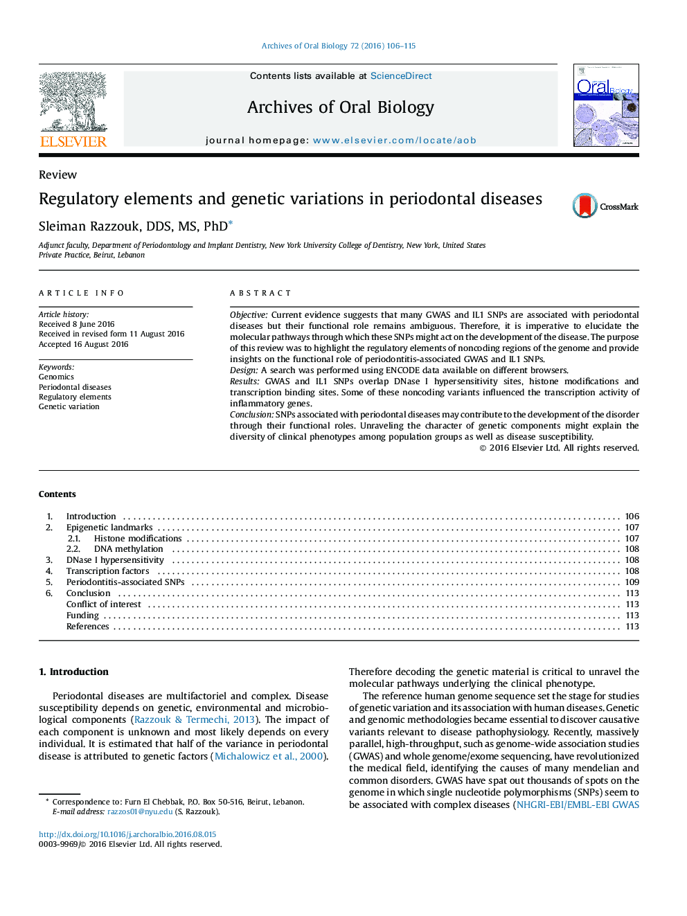 ReviewRegulatory elements and genetic variations in periodontal diseases