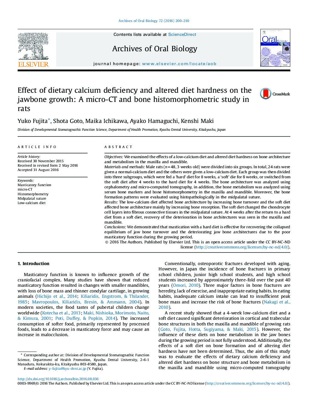 Effect of dietary calcium deficiency and altered diet hardness on the jawbone growth: A micro-CT and bone histomorphometric study in rats