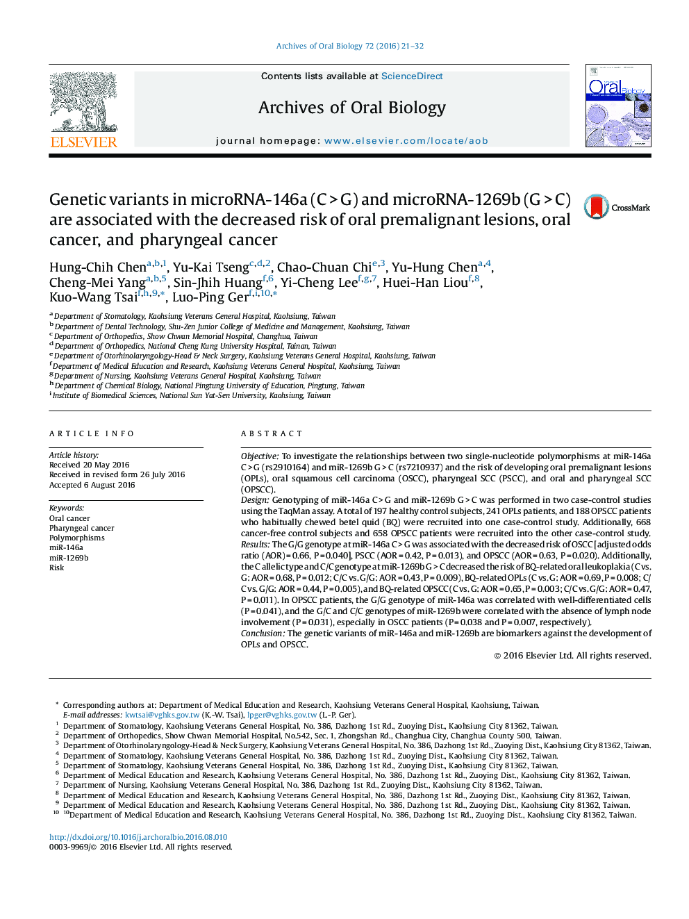 Genetic variants in microRNA-146a (CÂ >Â G) and microRNA-1269b (GÂ >Â C) are associated with the decreased risk of oral premalignant lesions, oral cancer, and pharyngeal cancer