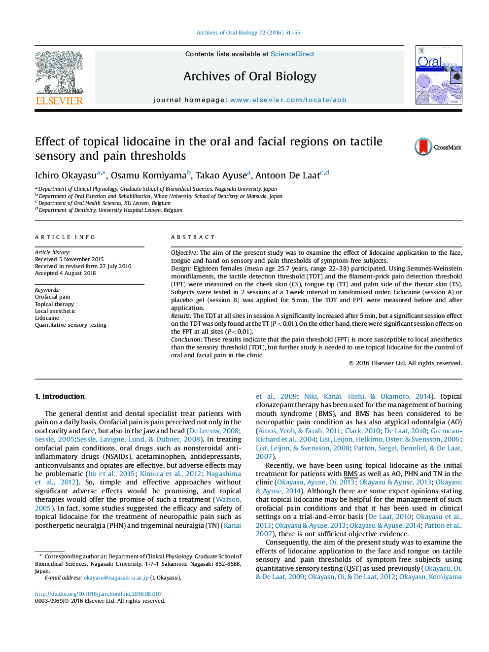 Effect of topical lidocaine in the oral and facial regions on tactile sensory and pain thresholds