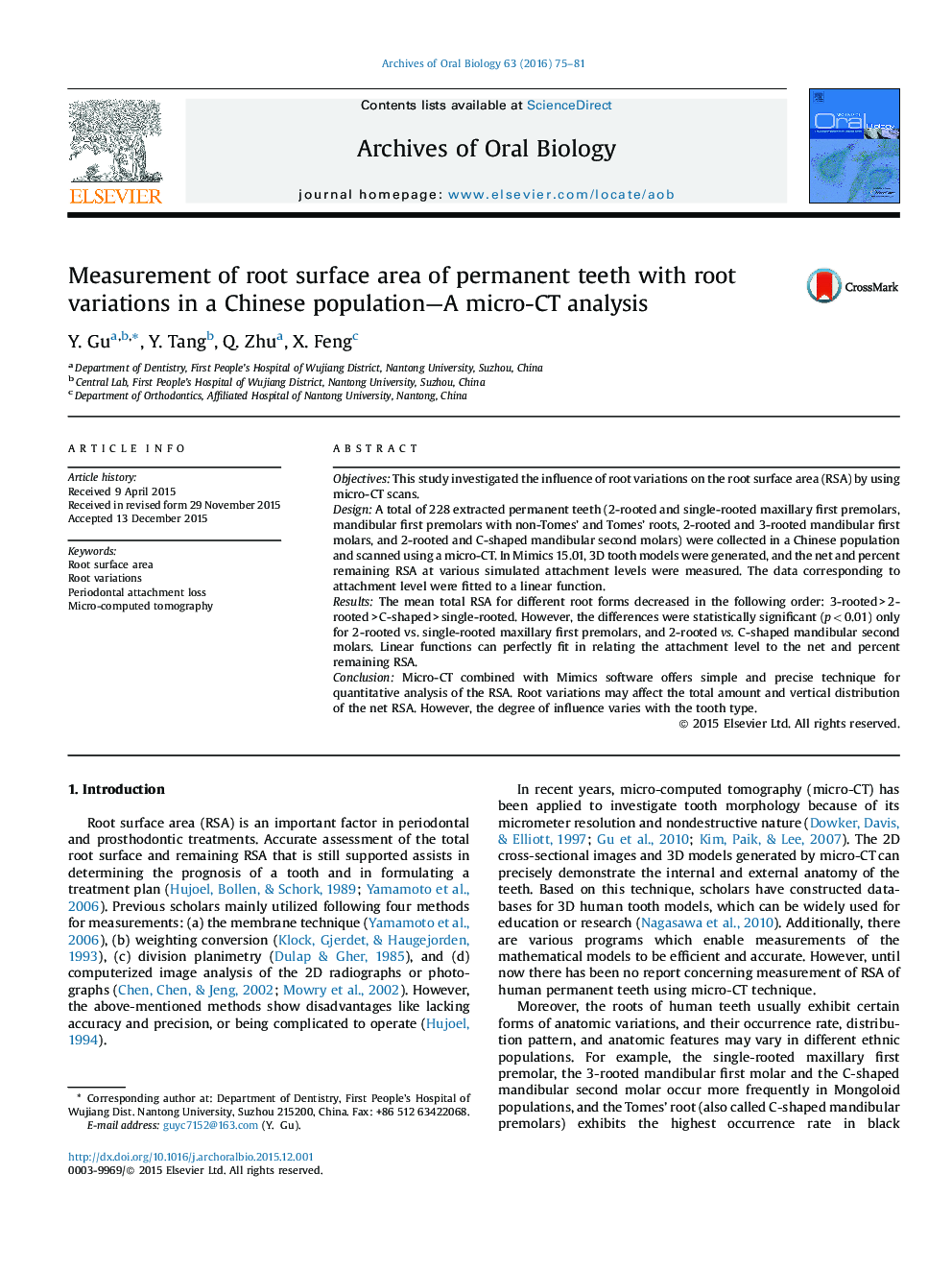 Measurement of root surface area of permanent teeth with root variations in a Chinese population-A micro-CT analysis