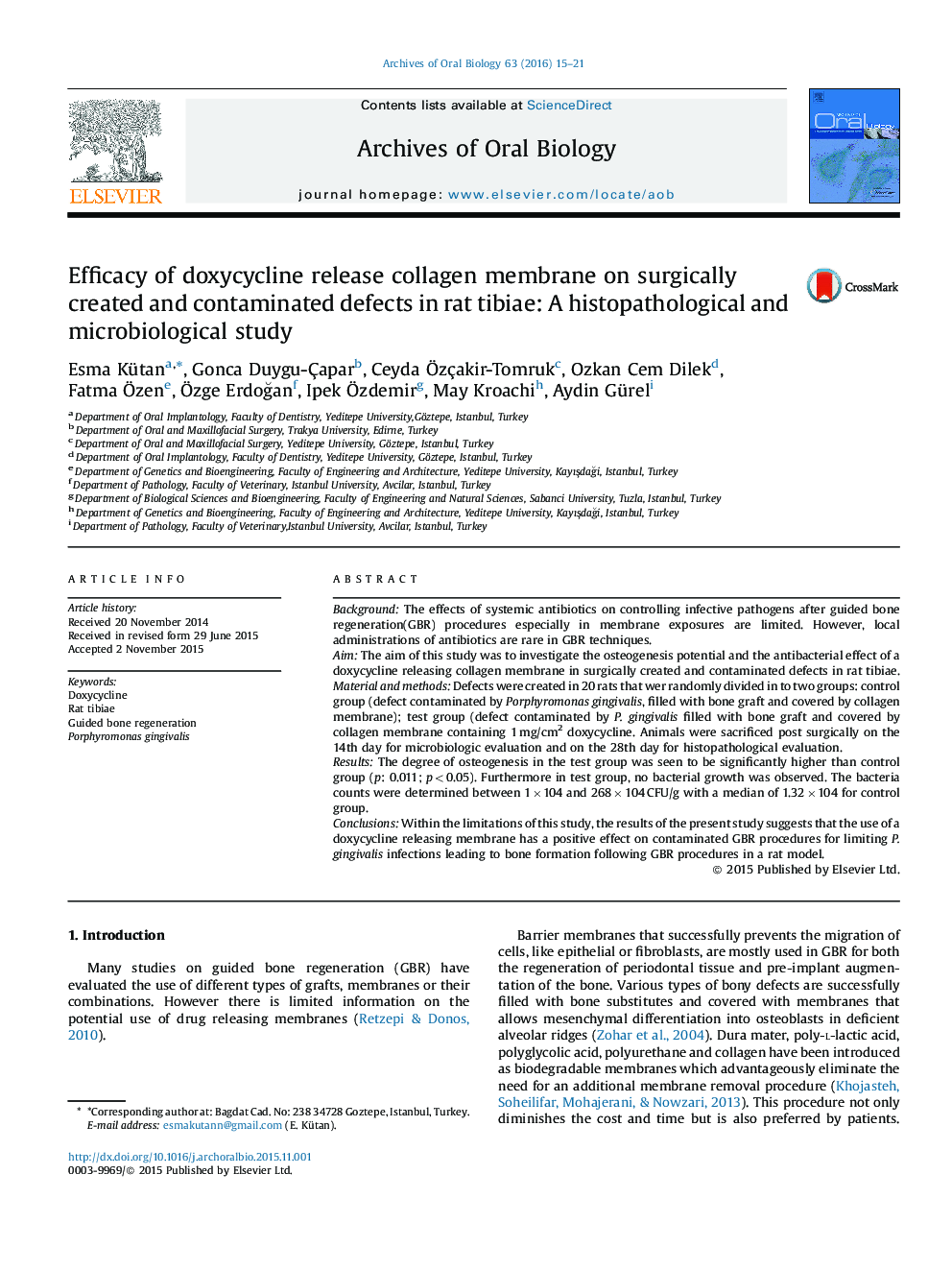 Efficacy of doxycycline release collagen membrane on surgically created and contaminated defects in rat tibiae: A histopathological and microbiological study