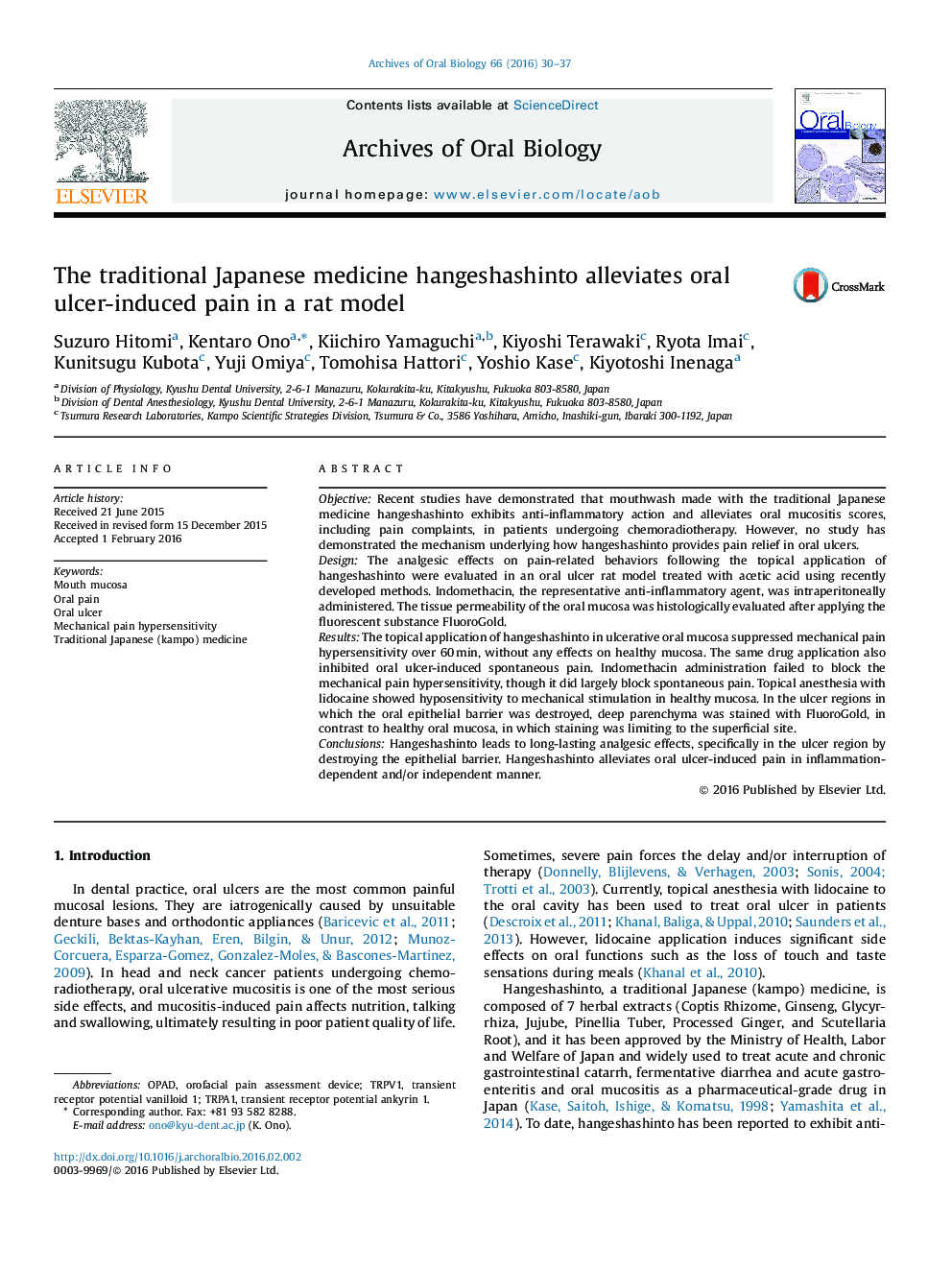 The traditional Japanese medicine hangeshashinto alleviates oral ulcer-induced pain in a rat model