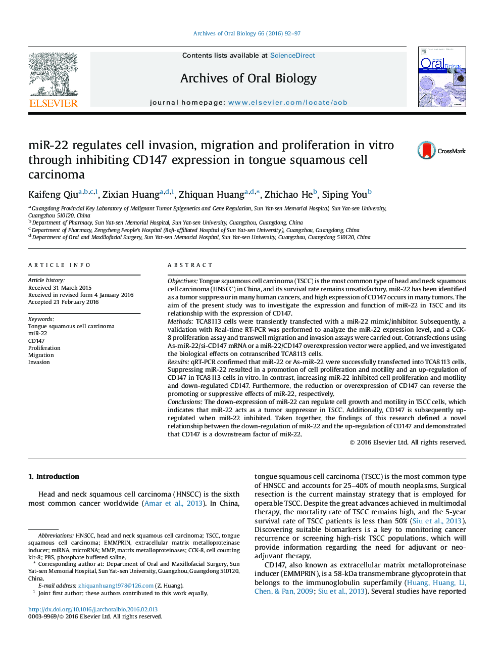 miR-22 regulates cell invasion, migration and proliferation in vitro through inhibiting CD147 expression in tongue squamous cell carcinoma