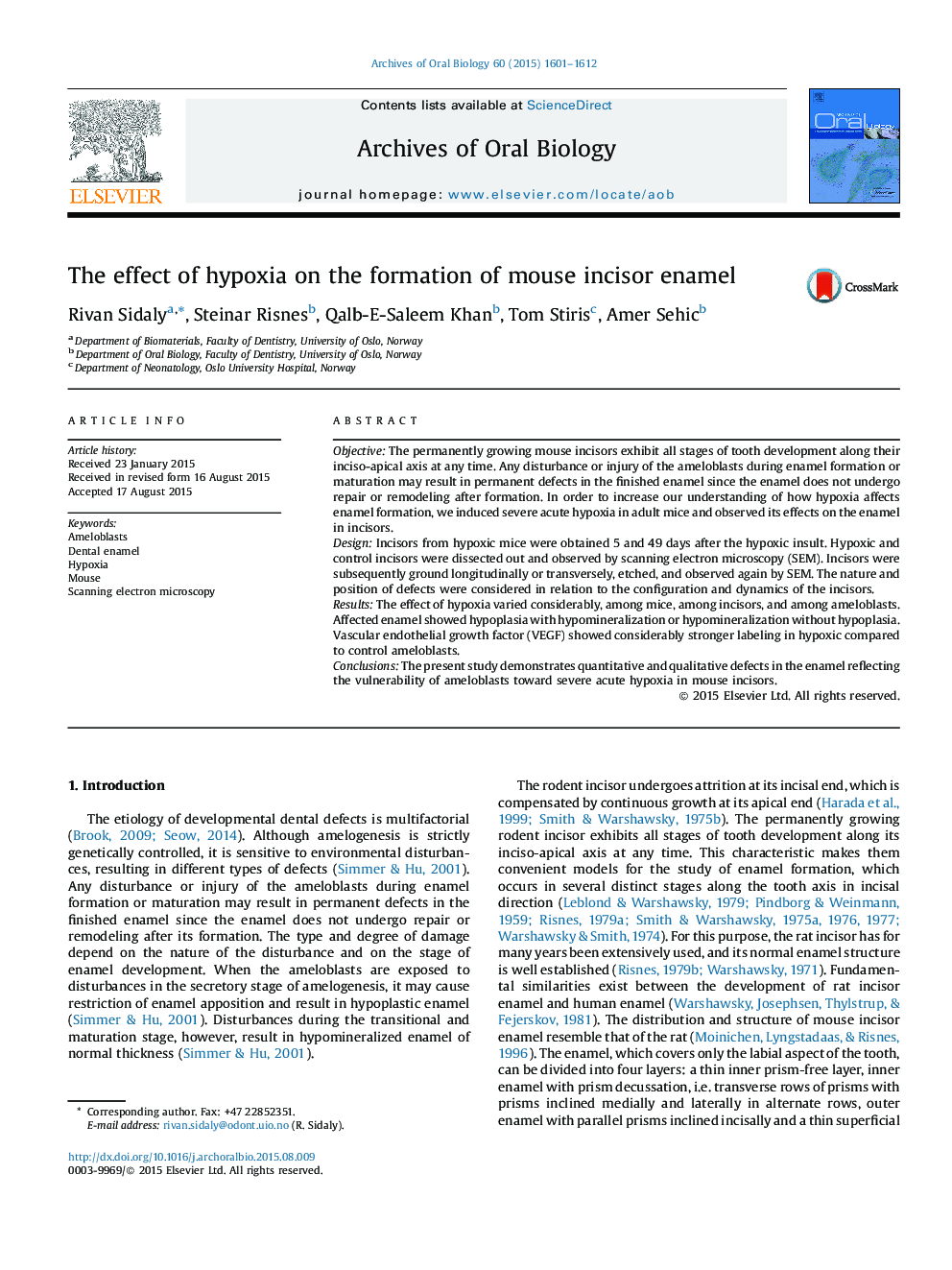 The effect of hypoxia on the formation of mouse incisor enamel