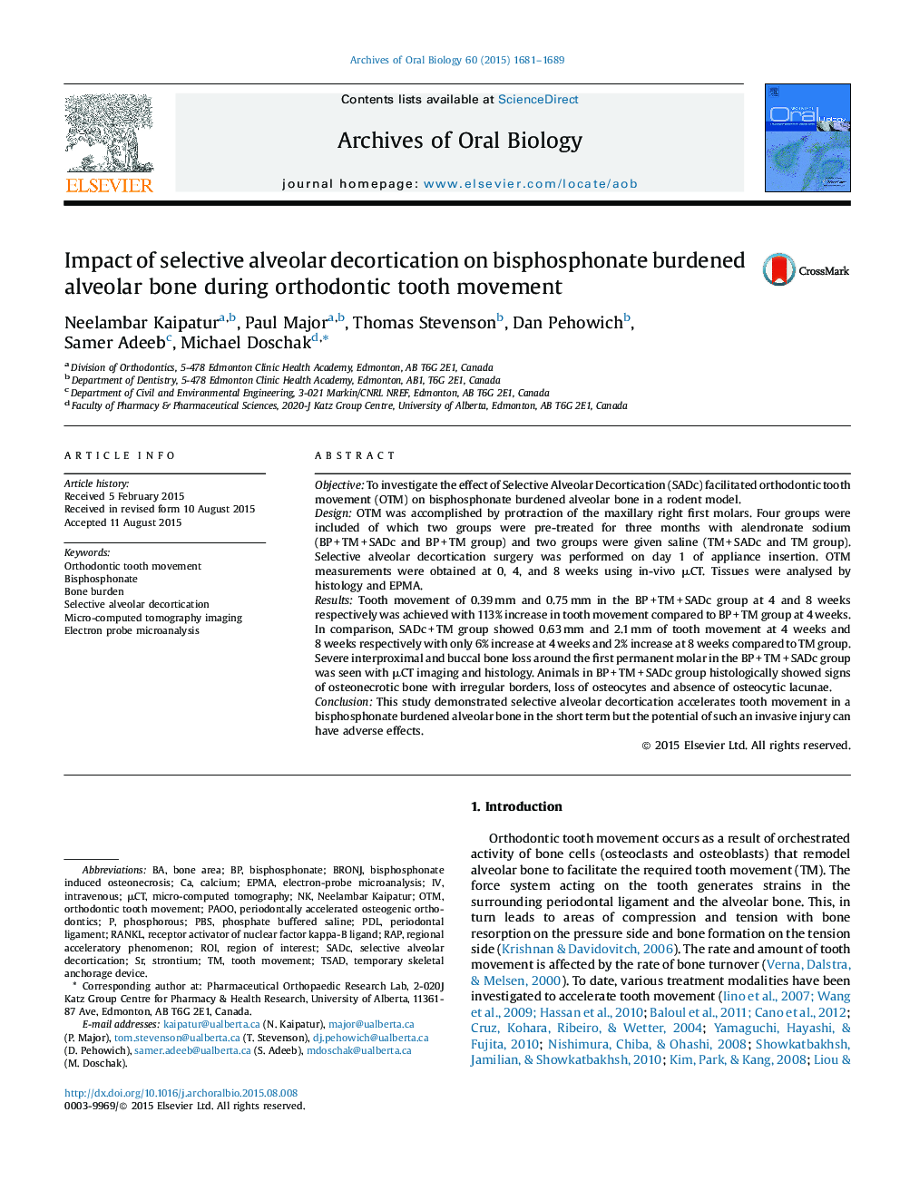 Impact of selective alveolar decortication on bisphosphonate burdened alveolar bone during orthodontic tooth movement