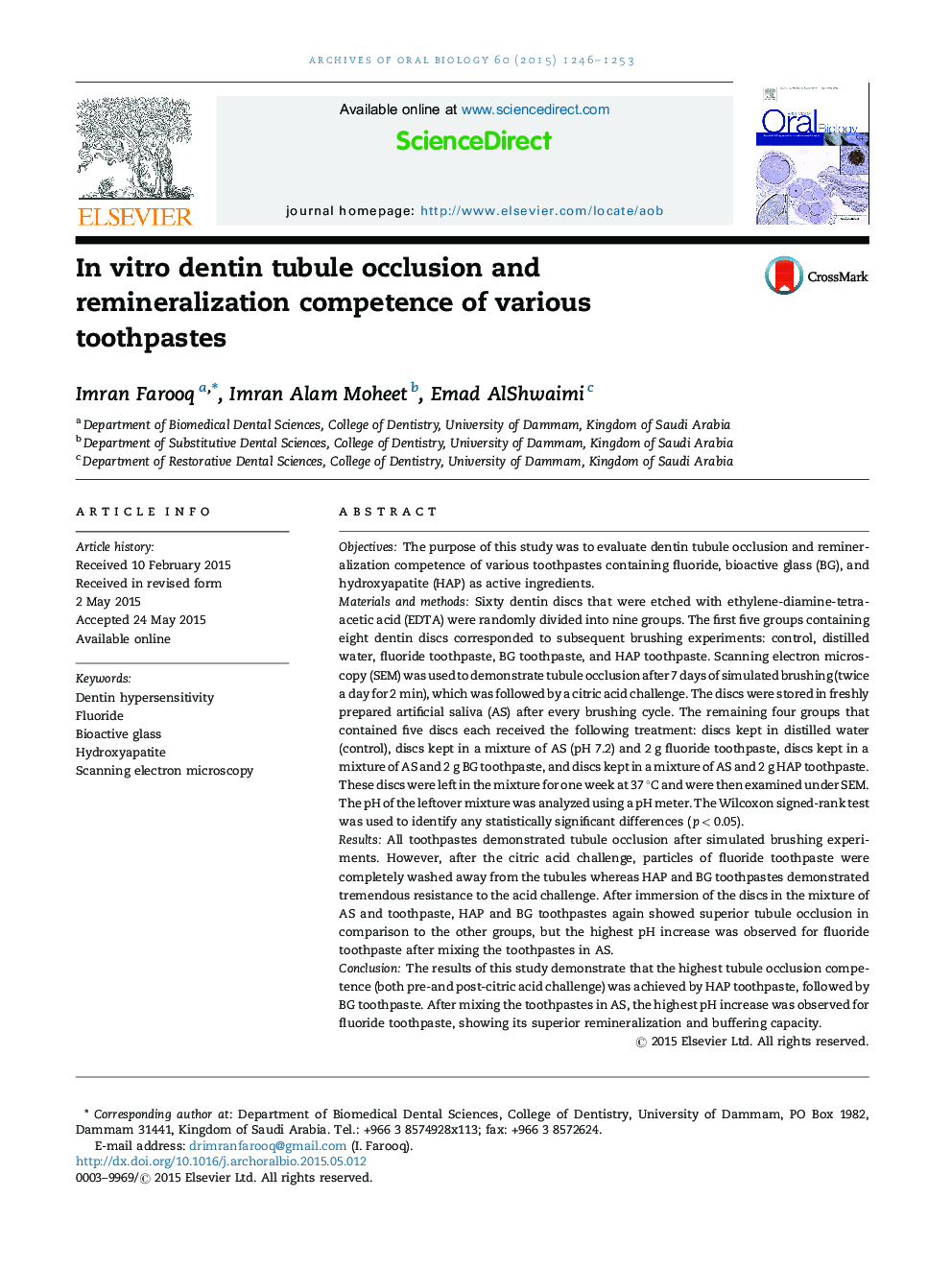 In vitro dentin tubule occlusion and remineralization competence of various toothpastes