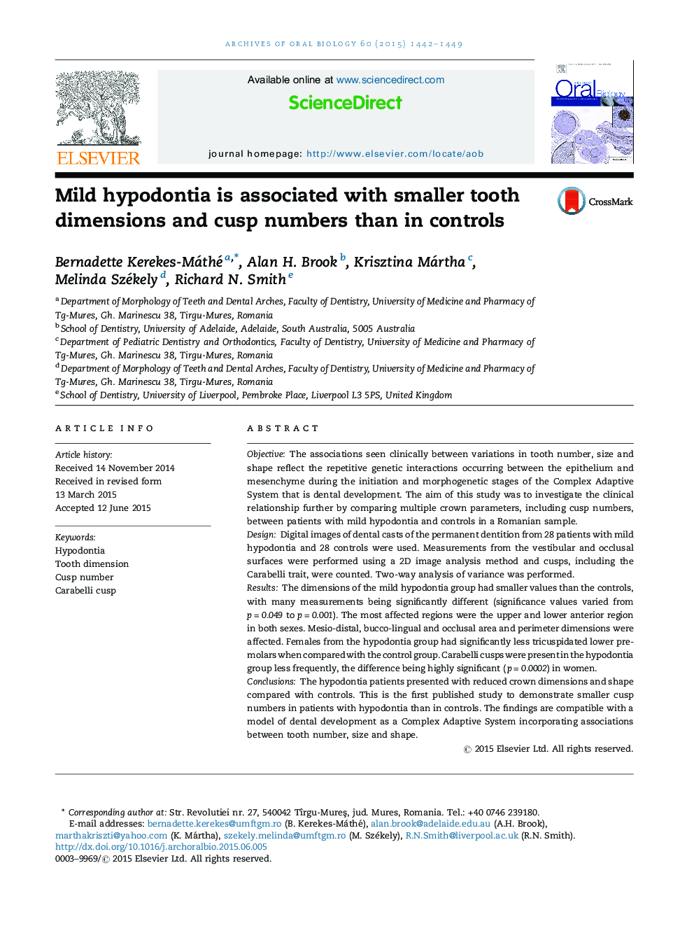 Mild hypodontia is associated with smaller tooth dimensions and cusp numbers than in controls