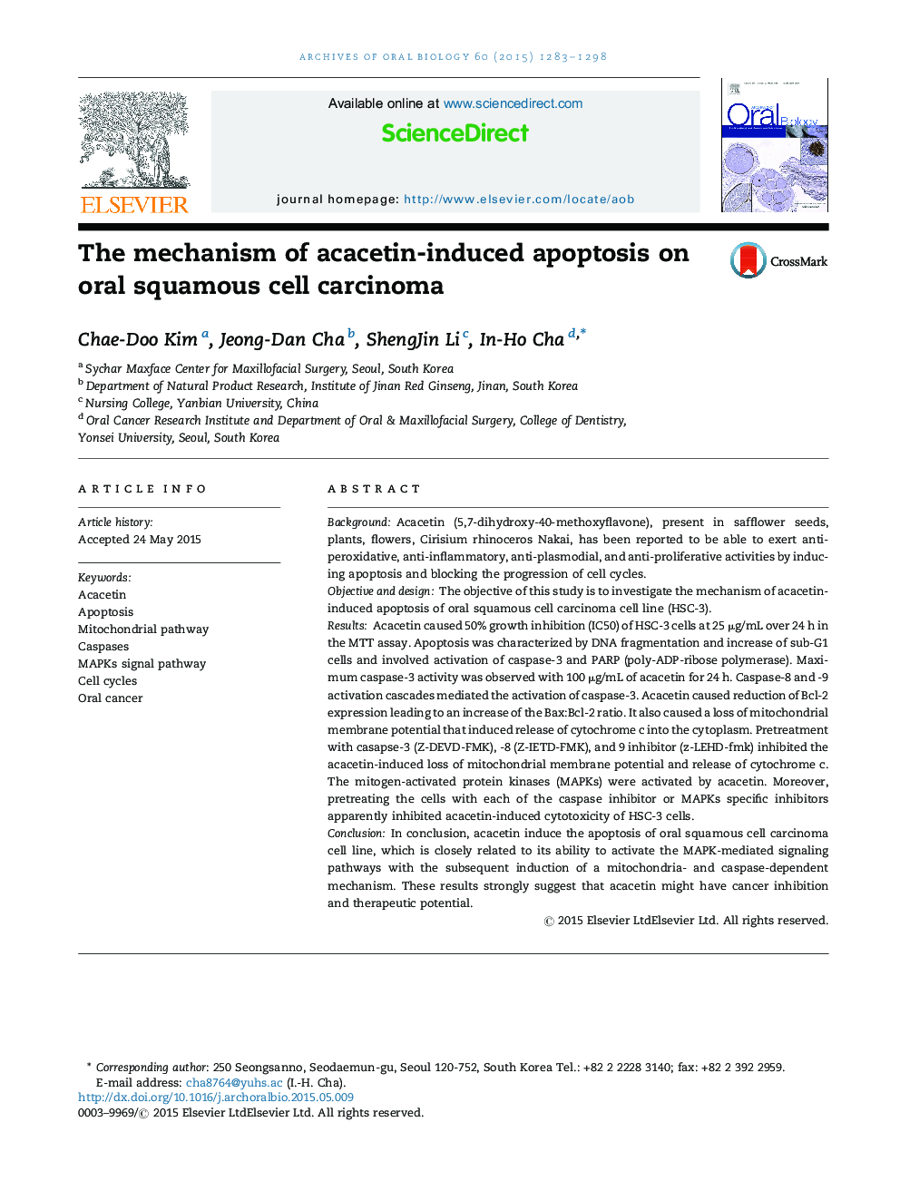 The mechanism of acacetin-induced apoptosis on oral squamous cell carcinoma