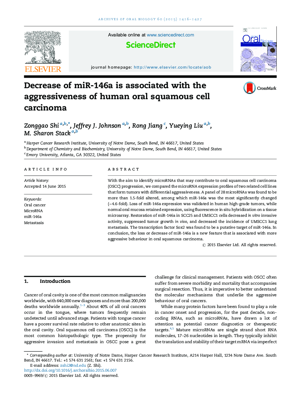 Decrease of miR-146a is associated with the aggressiveness of human oral squamous cell carcinoma