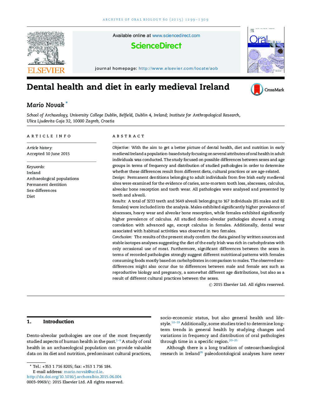 Dental health and diet in early medieval Ireland