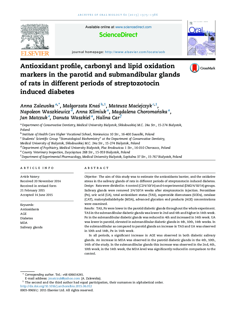 Antioxidant profile, carbonyl and lipid oxidation markers in the parotid and submandibular glands of rats in different periods of streptozotocin induced diabetes