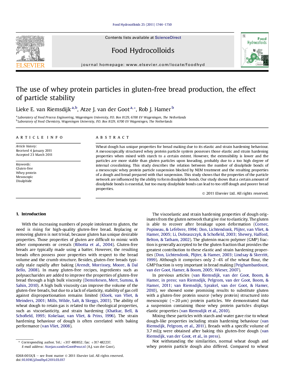 The use of whey protein particles in gluten-free bread production, the effect of particle stability