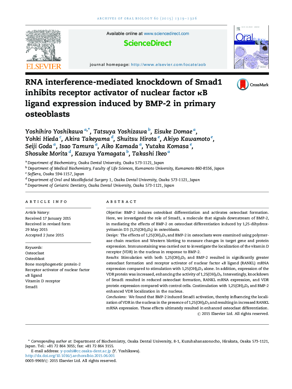 RNA interference-mediated knockdown of Smad1 inhibits receptor activator of nuclear factor ÎºB ligand expression induced by BMP-2 in primary osteoblasts