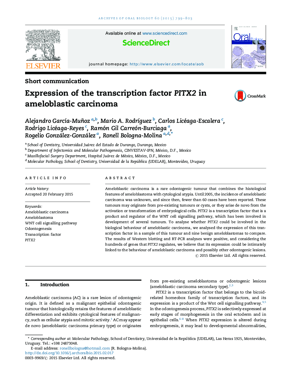 Expression of the transcription factor PITX2 in ameloblastic carcinoma