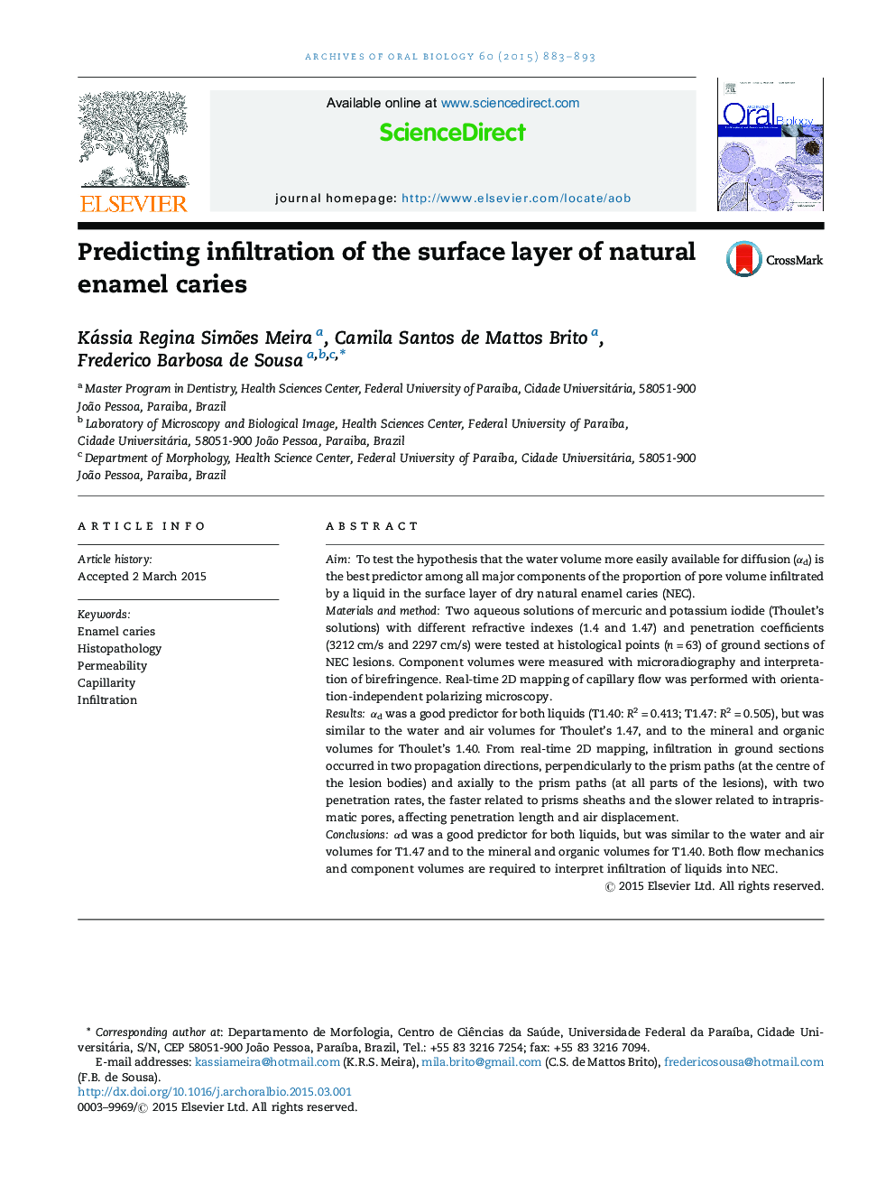 Predicting infiltration of the surface layer of natural enamel caries