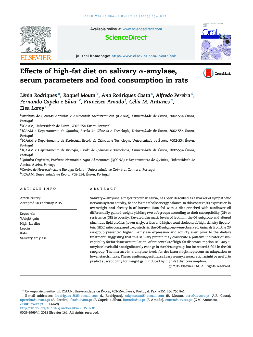 Effects of high-fat diet on salivary Î±-amylase, serum parameters and food consumption in rats