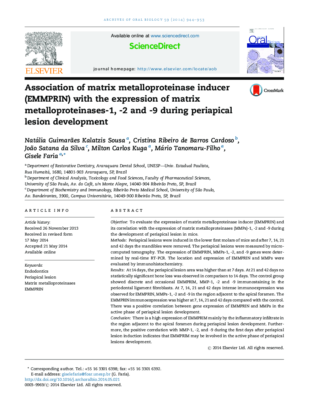 Association of matrix metalloproteinase inducer (EMMPRIN) with the expression of matrix metalloproteinases-1, -2 and -9 during periapical lesion development