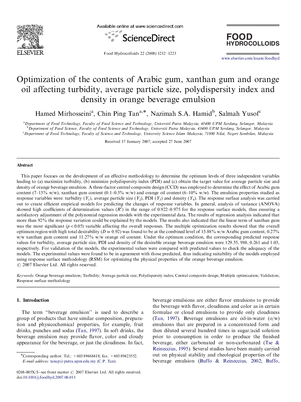 Optimization of the contents of Arabic gum, xanthan gum and orange oil affecting turbidity, average particle size, polydispersity index and density in orange beverage emulsion