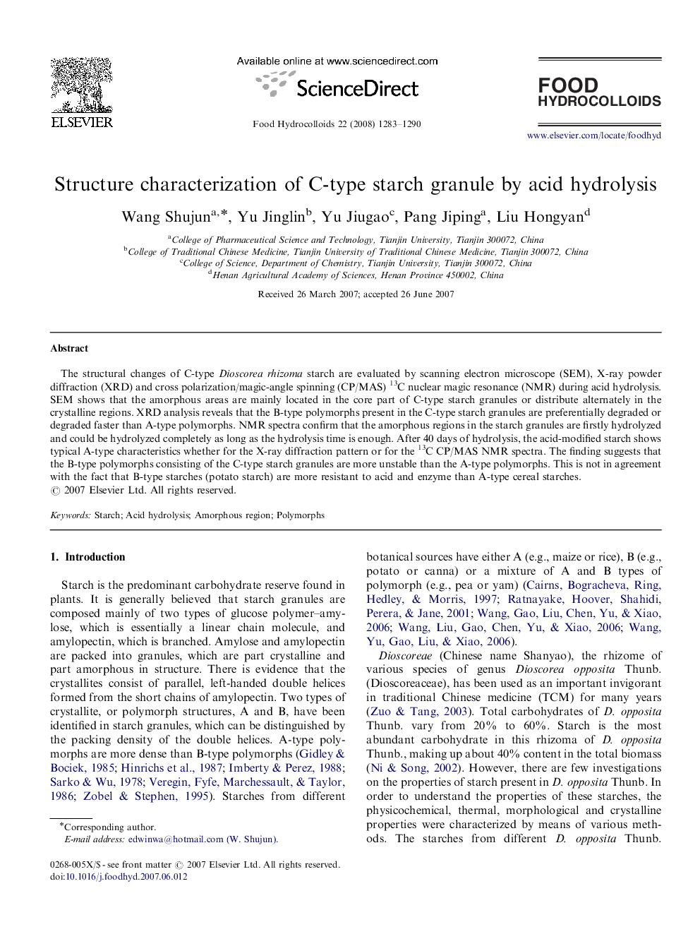 Structure characterization of C-type starch granule by acid hydrolysis