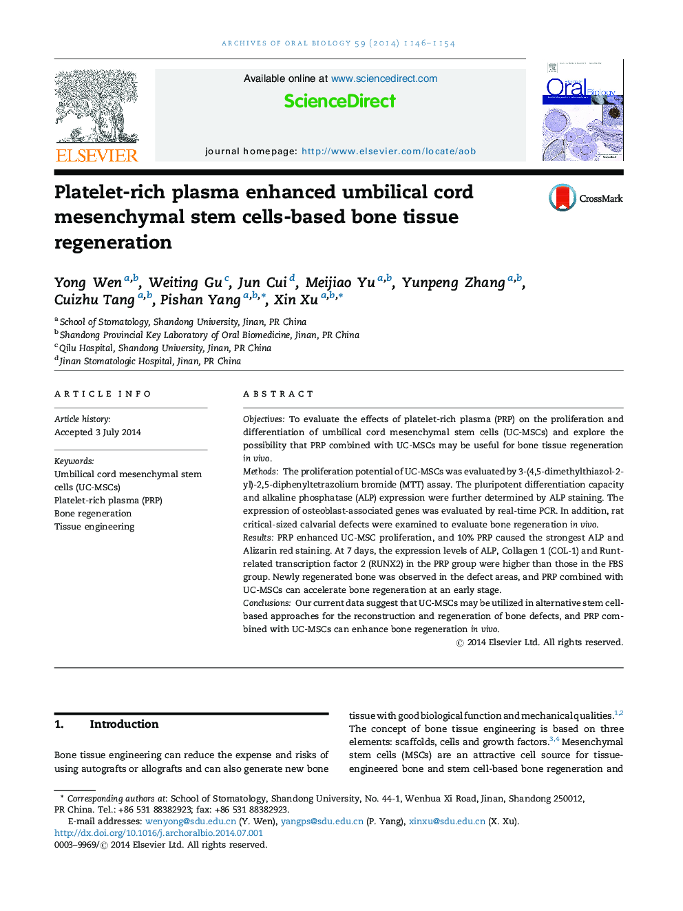 Platelet-rich plasma enhanced umbilical cord mesenchymal stem cells-based bone tissue regeneration
