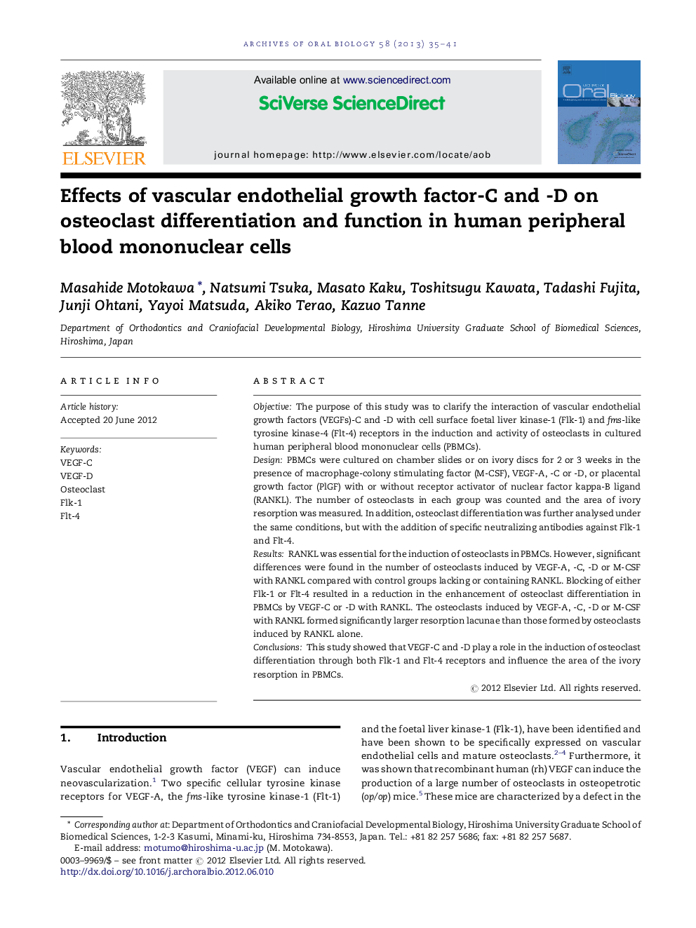 Effects of vascular endothelial growth factor-C and -D on osteoclast differentiation and function in human peripheral blood mononuclear cells