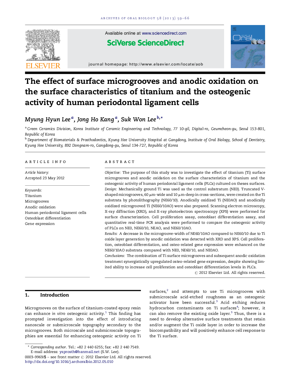 The effect of surface microgrooves and anodic oxidation on the surface characteristics of titanium and the osteogenic activity of human periodontal ligament cells