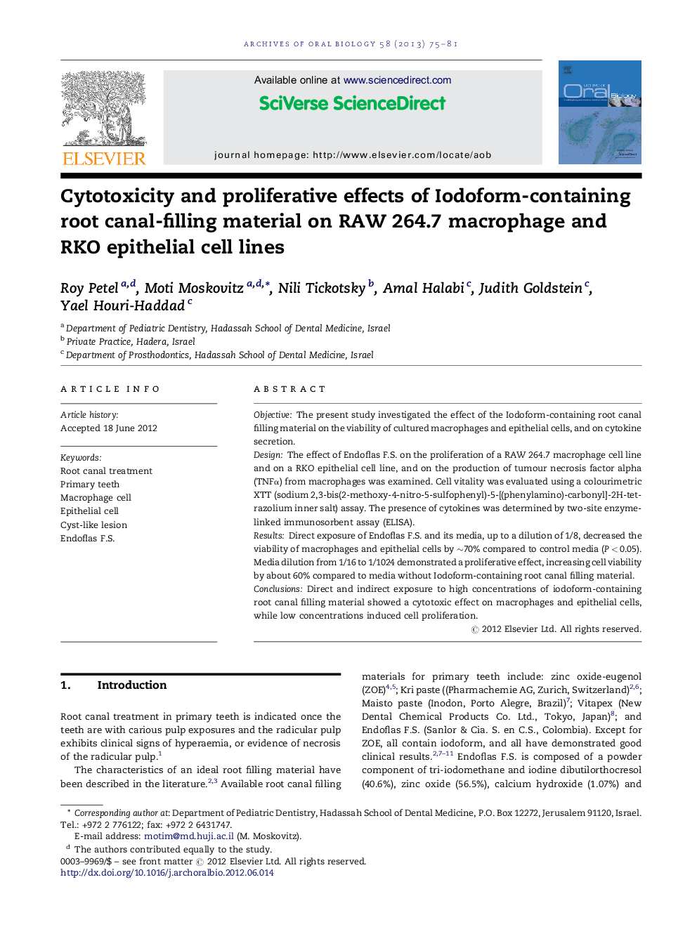 Cytotoxicity and proliferative effects of Iodoform-containing root canal-filling material on RAW 264.7 macrophage and RKO epithelial cell lines