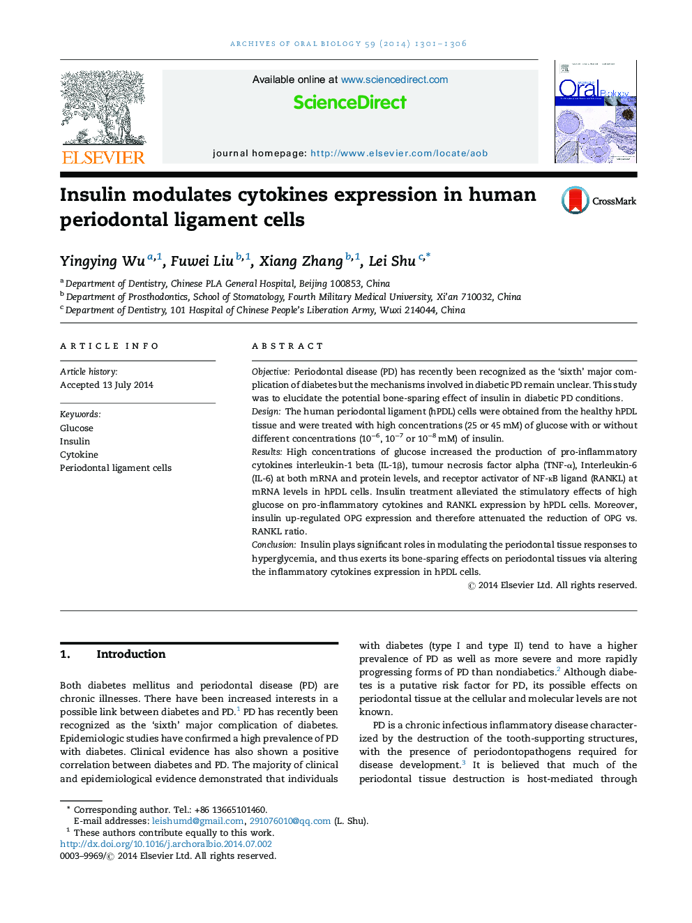 Insulin modulates cytokines expression in human periodontal ligament cells