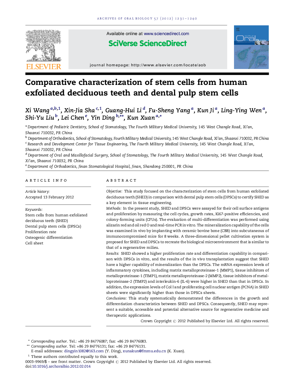 Comparative characterization of stem cells from human exfoliated deciduous teeth and dental pulp stem cells