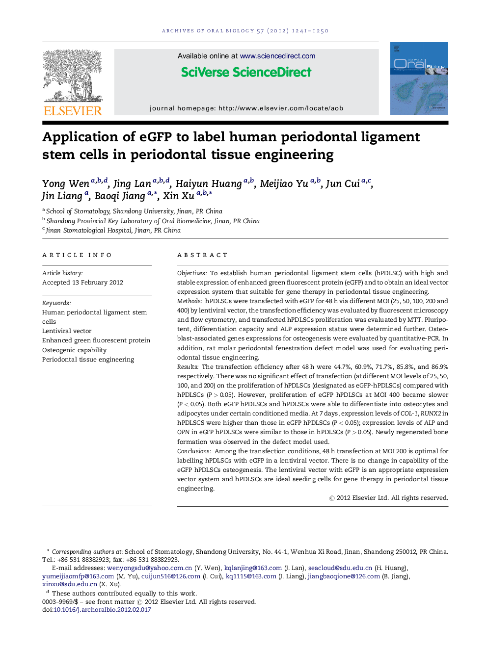 Application of eGFP to label human periodontal ligament stem cells in periodontal tissue engineering