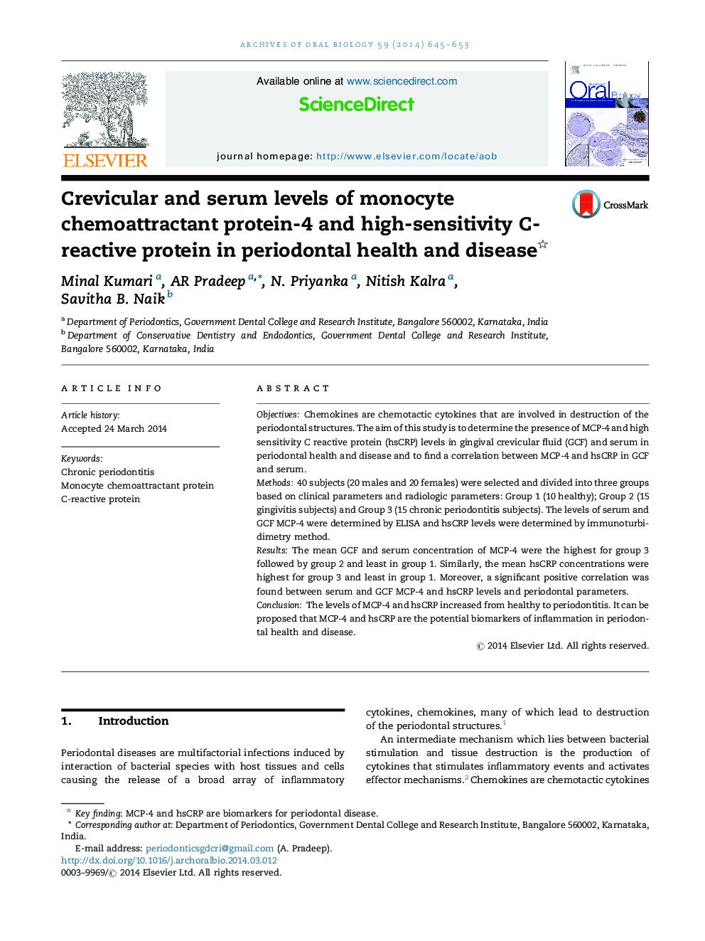 Crevicular and serum levels of monocyte chemoattractant protein-4 and high-sensitivity C-reactive protein in periodontal health and disease