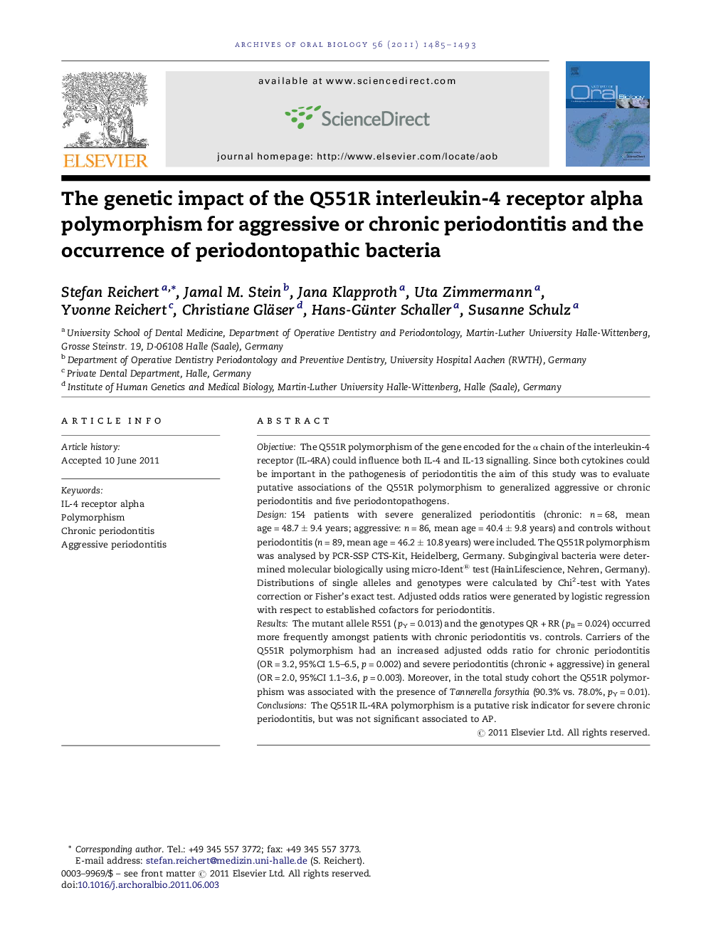 The genetic impact of the Q551R interleukin-4 receptor alpha polymorphism for aggressive or chronic periodontitis and the occurrence of periodontopathic bacteria