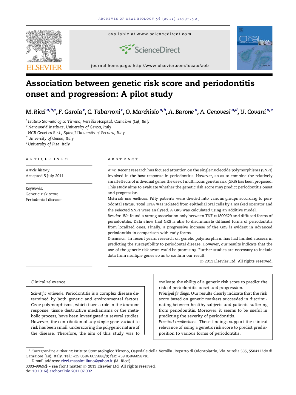 Association between genetic risk score and periodontitis onset and progression: A pilot study