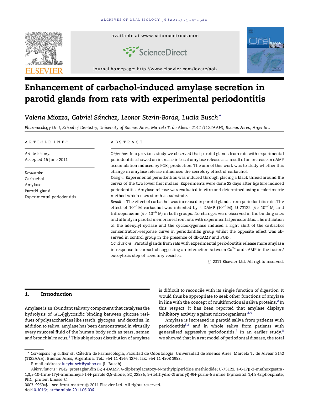 Enhancement of carbachol-induced amylase secretion in parotid glands from rats with experimental periodontitis