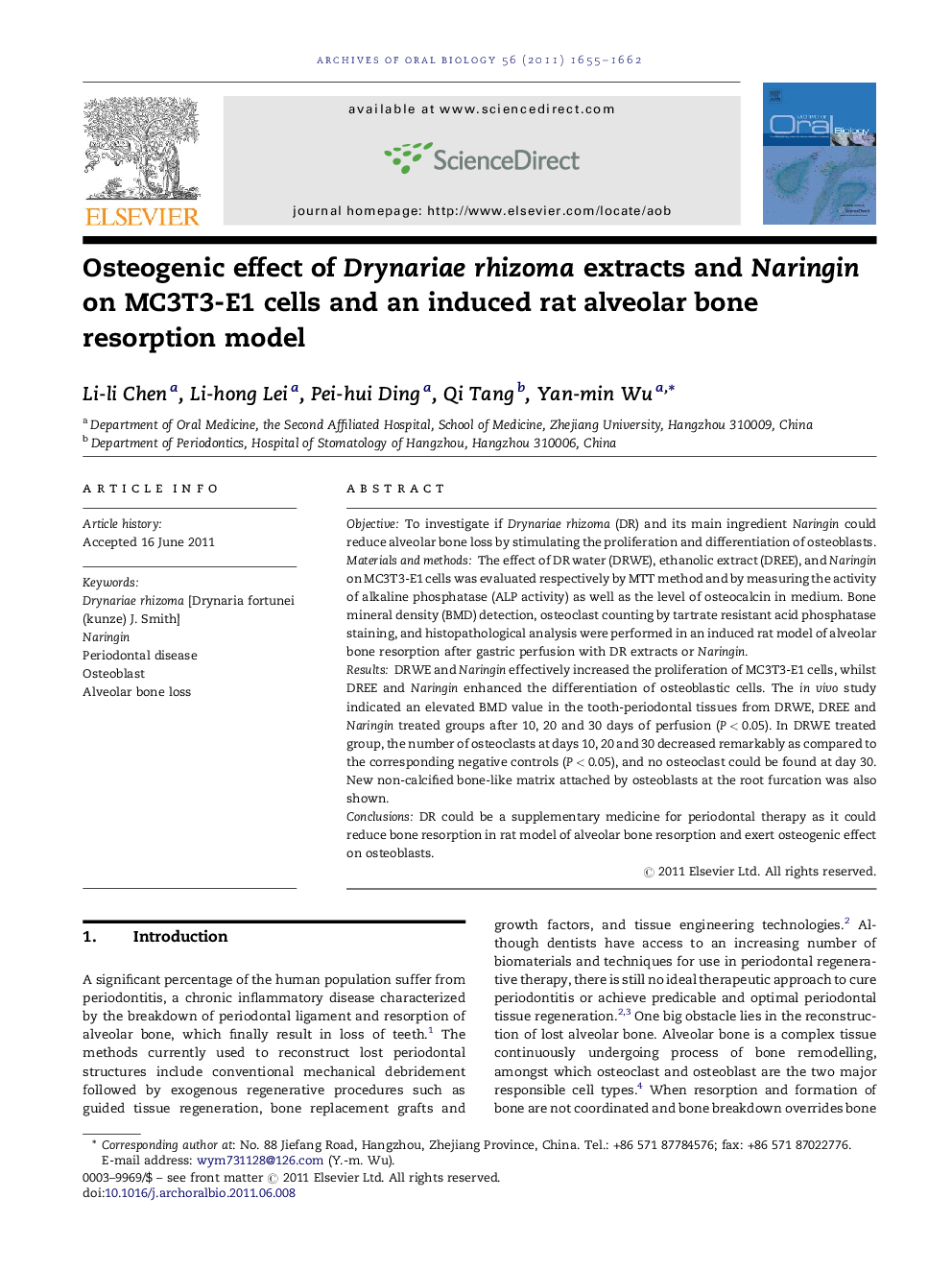 Osteogenic effect of Drynariae rhizoma extracts and Naringin on MC3T3-E1 cells and an induced rat alveolar bone resorption model