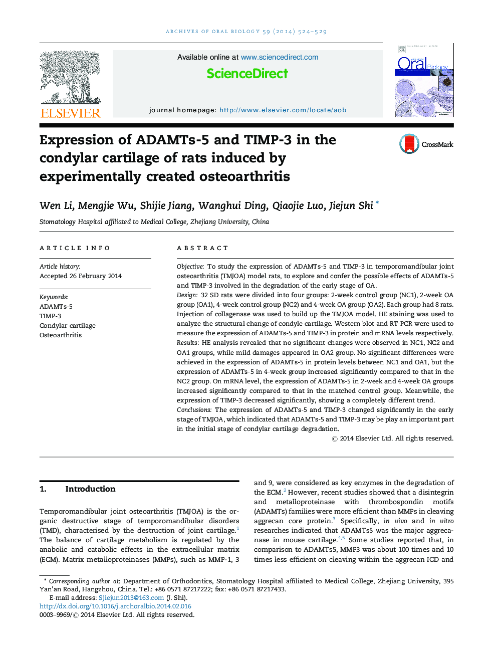 Expression of ADAMTs-5 and TIMP-3 in the condylar cartilage of rats induced by experimentally created osteoarthritis