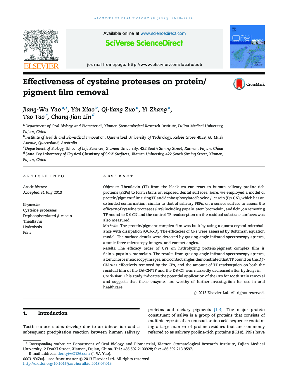Effectiveness of cysteine proteases on protein/pigment film removal