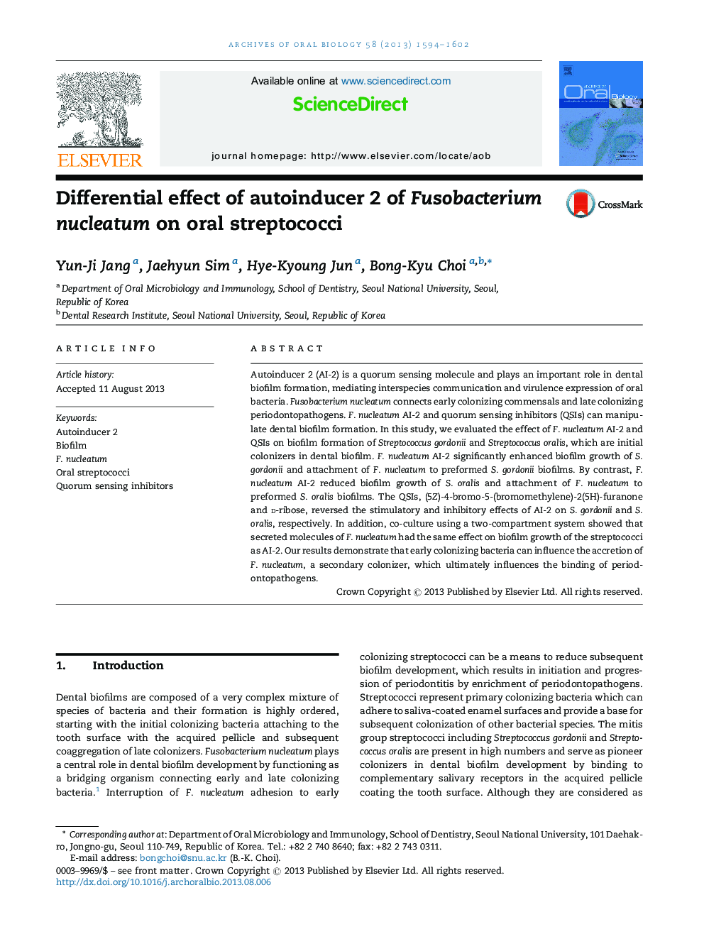 Differential effect of autoinducer 2 of Fusobacterium nucleatum on oral streptococci