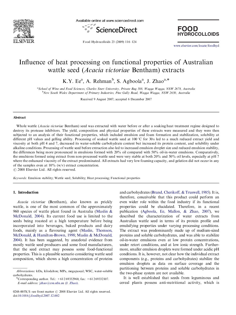 Influence of heat processing on functional properties of Australian wattle seed (Acacia victoriae Bentham) extracts